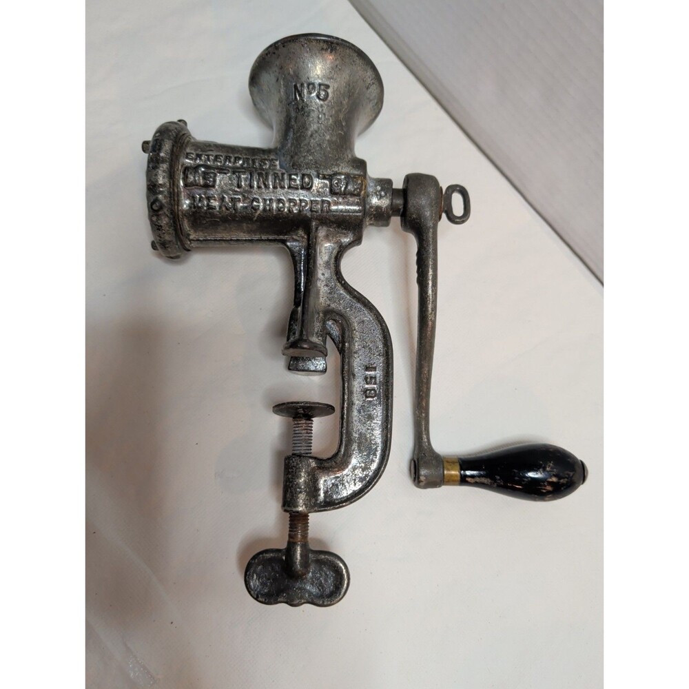Vintage Enterprise No. 5 Food Meat Grinder Tinned Table Mount Hand Crank